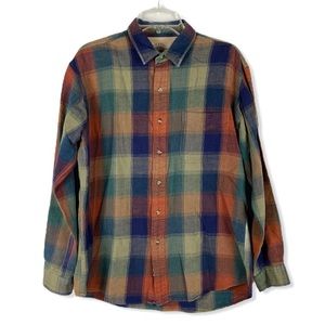 Saratoga blue tan plaid casual button down shirt L